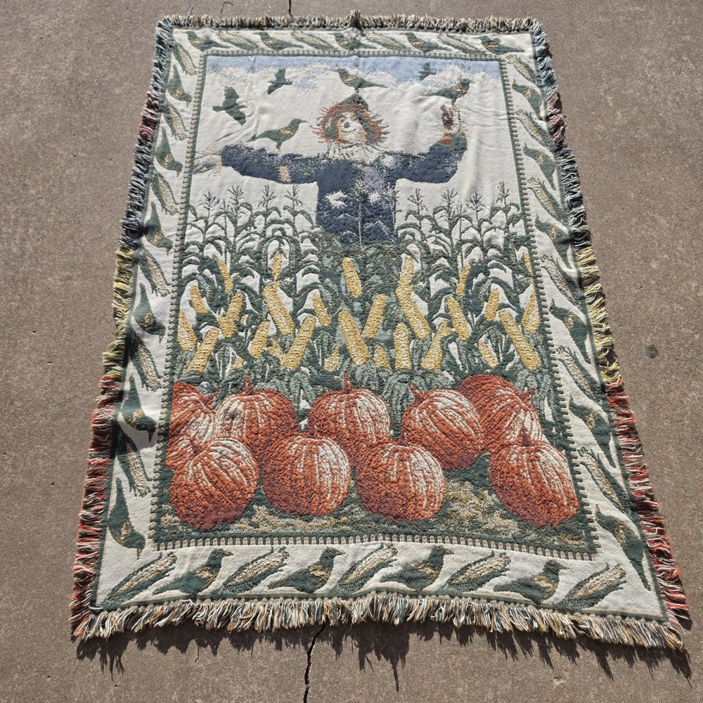 Vintage Autumn Scarecrow Pumpkin Woven Tapestry Throw Blanket Fall Decor 46x68